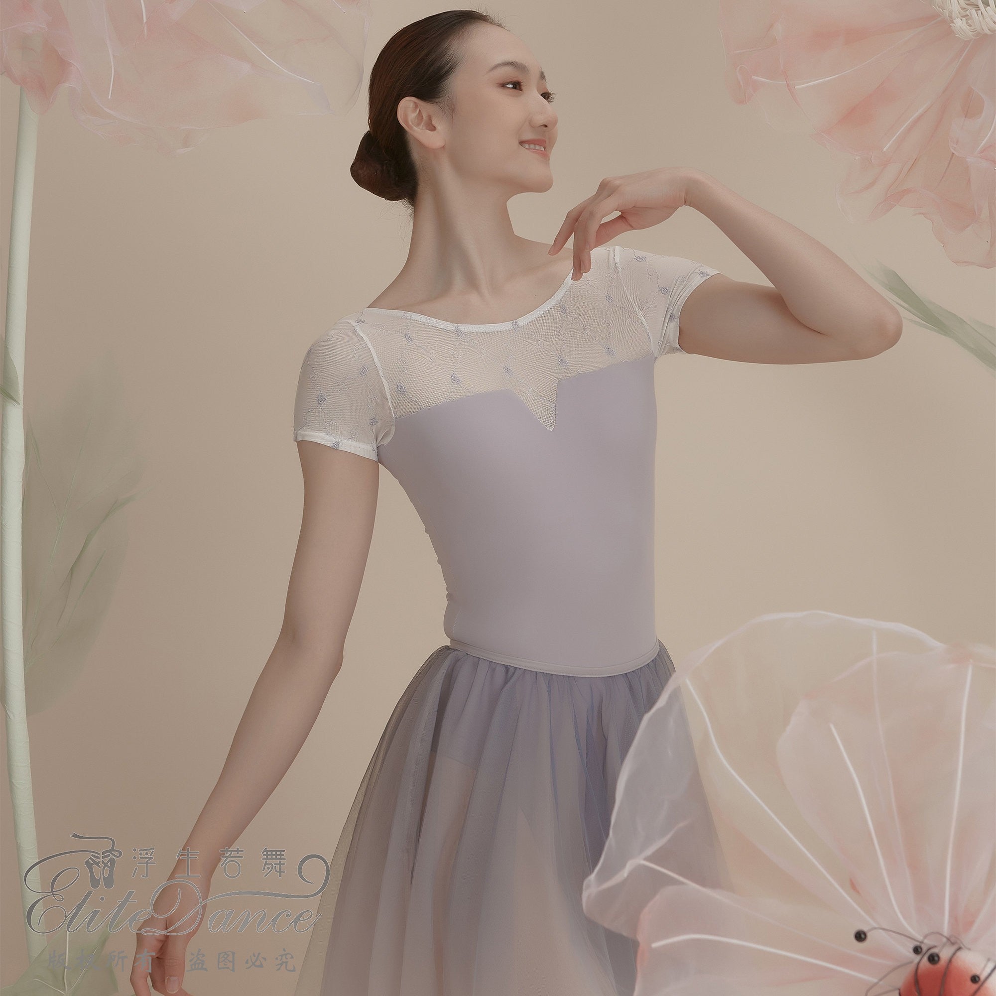 'The Purple Rose'  embroidery short sleeve leotard